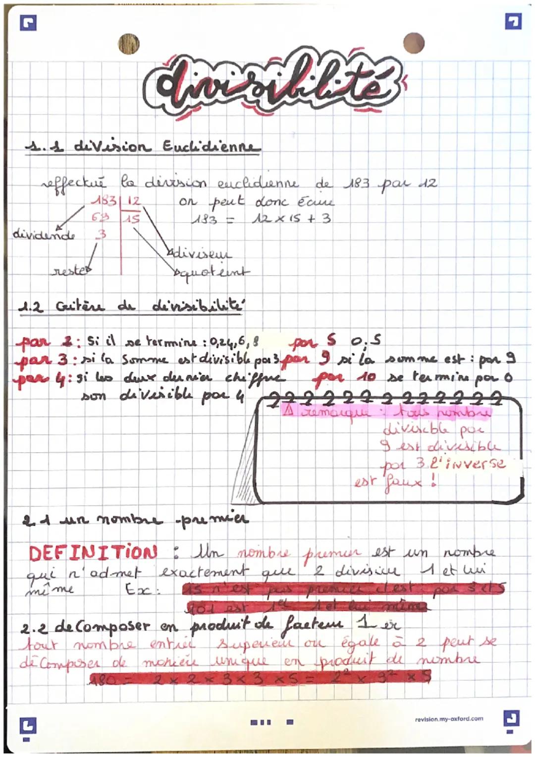 # divisiblite

1.1 division Euclidienne

reffectue la dervision euclidienne de 183 par 12

```
183 12
63 15
```

on peut donc écure

$183 = 