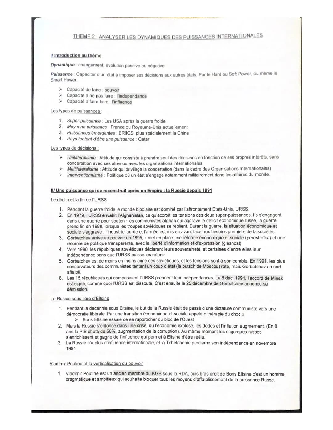 THEME 2: ANALYSER LES DYNAMIQUES DES PUISSANCES INTERNATIONALES
I/ Introduction au thème
Dynamique changement, évolution positive ou négativ