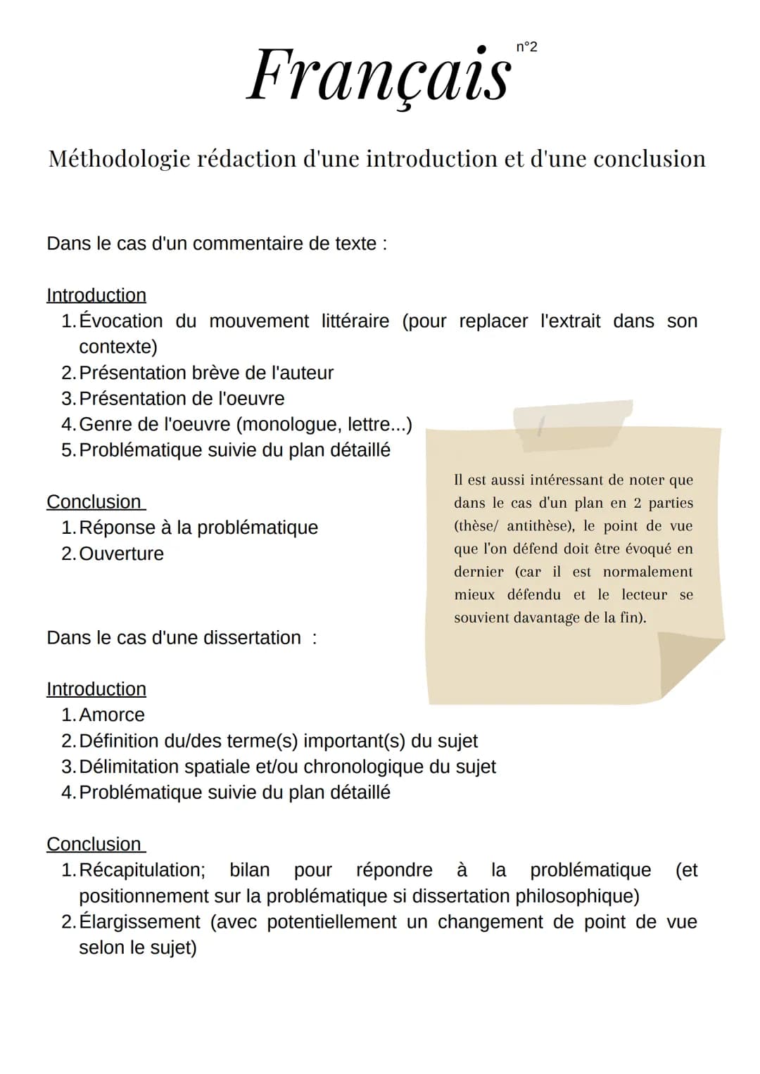 Français
Méthodologie rédaction d'une introduction et d'une conclusion
Dans le cas d'un commentaire de texte :
Introduction
1. Évocation du 