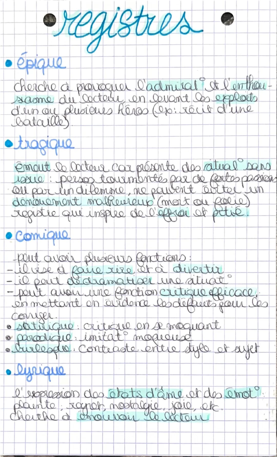 • registres
•épique
cherche a provoquer l'admiral & l'enthou-
same du lecteur in revant les exploits
d'un ou plusieurs heres (ex: recit d'un