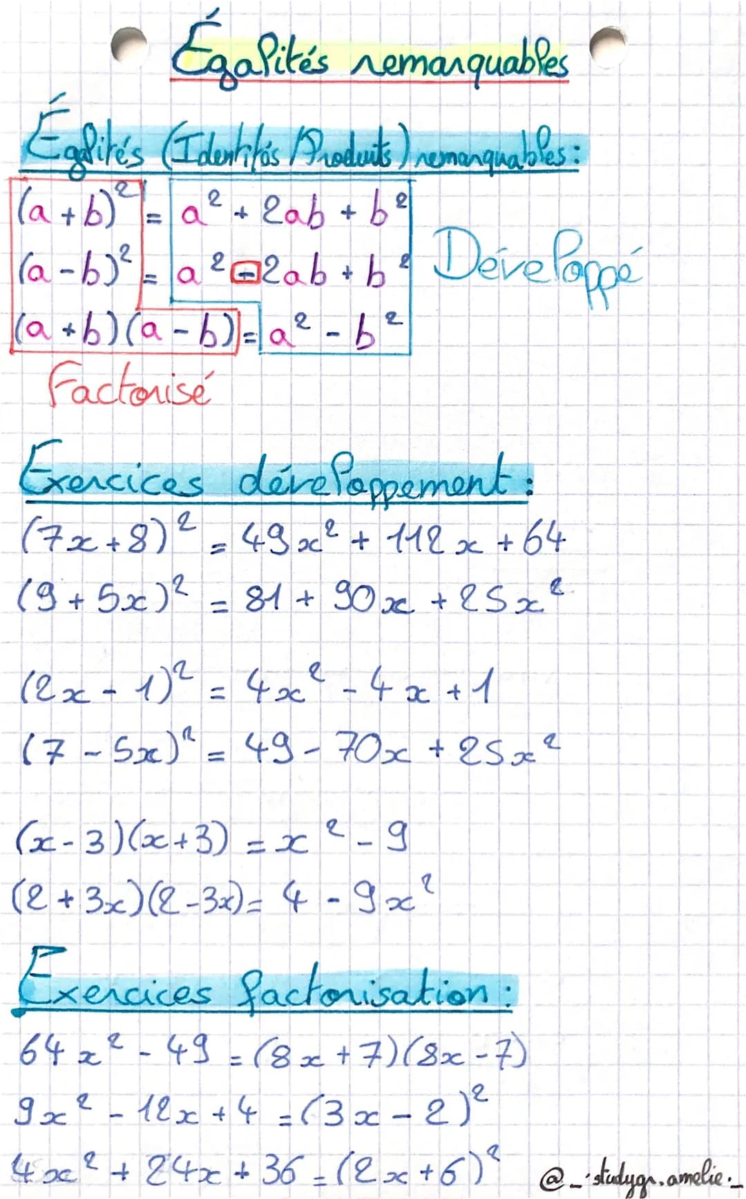 • Égalités remarquables
Éalités (Identités Prodents) remarquables:
(a + b)² = a² + 2ab + be
(a - b)² = a ² @ 2ab + b² Développé
2
(a + b)(a 