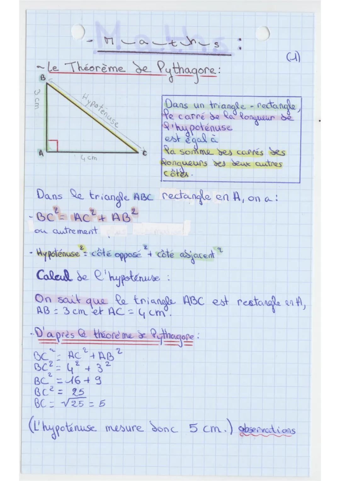 MATHS : Théorème de Pythagore + exemple