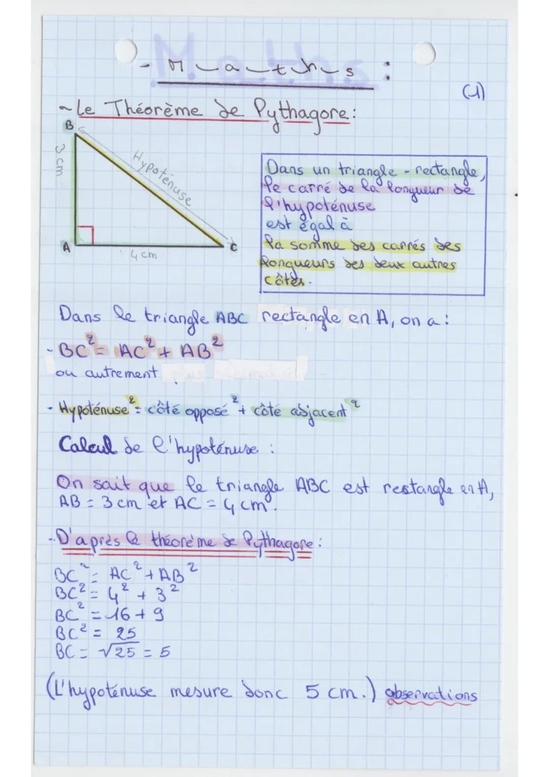 3 cm
B
Matches
-Le Théorème de Pythagore:
Hypotenuse
4cm
C
S
Dans un triangle - rectangle,
fe carré de la
hypotenuse
est égal à
longueur de
