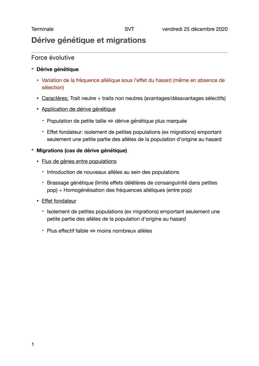Terminale
SVT
Dérive génétique et migrations
Force évolutive
1
vendredi 25 décembre 2020
Dérive génétique
• Variation de la fréquence alléli