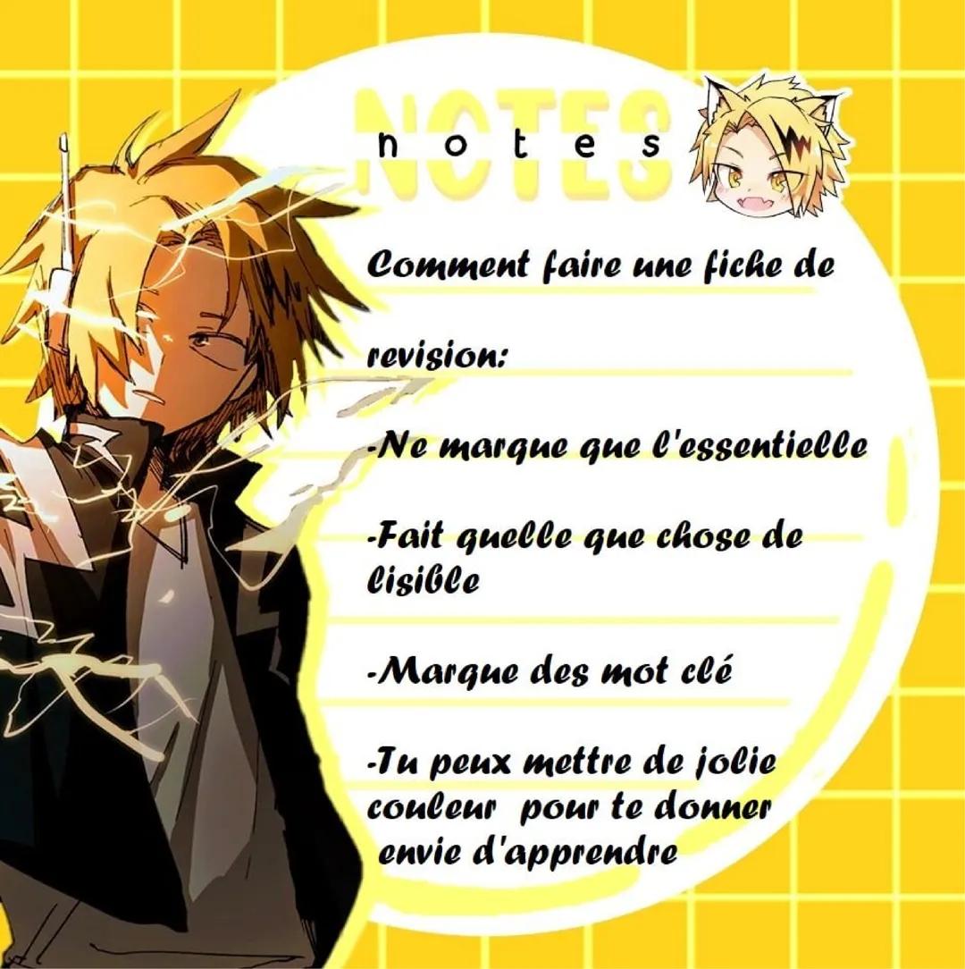 notes
Comment faire une fiche de
revision:
-Ne marque que l'essentielle
-Fait quelle que chose de
lisible
-Marque des mot clé
-Tu peux mettr