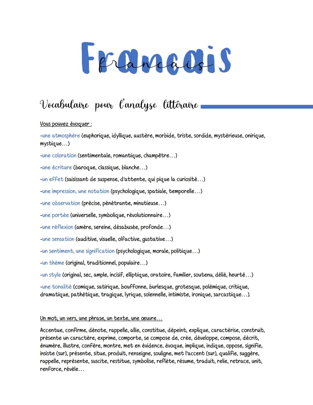 Francais
Vocabulaire pour l'analyse littéraire
Vous pouvez évoquer :
-une atmosphère (euphorique, idyllique, austère, morbide, triste, sordi