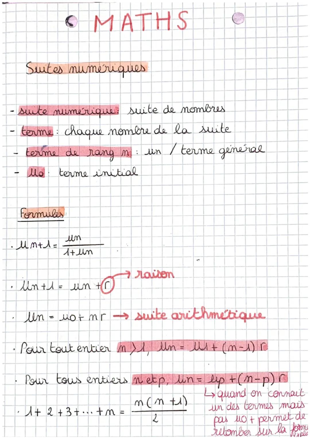 • MATHS
Suites numériques
-suite numérique: suite de nombres
terme: chaque nombre de la suite
"
terme de rang n un / terme général
llo terme