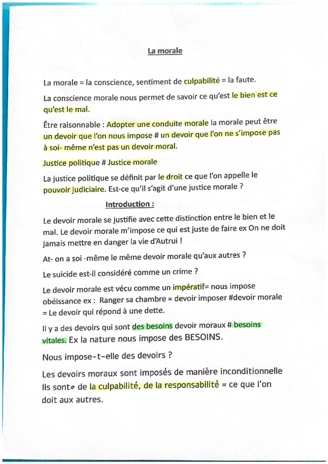 La morale
La morale = la conscience, sentiment de culpabilité = la faute.
La conscience morale nous permet de savoir ce qu'est le bien est c
