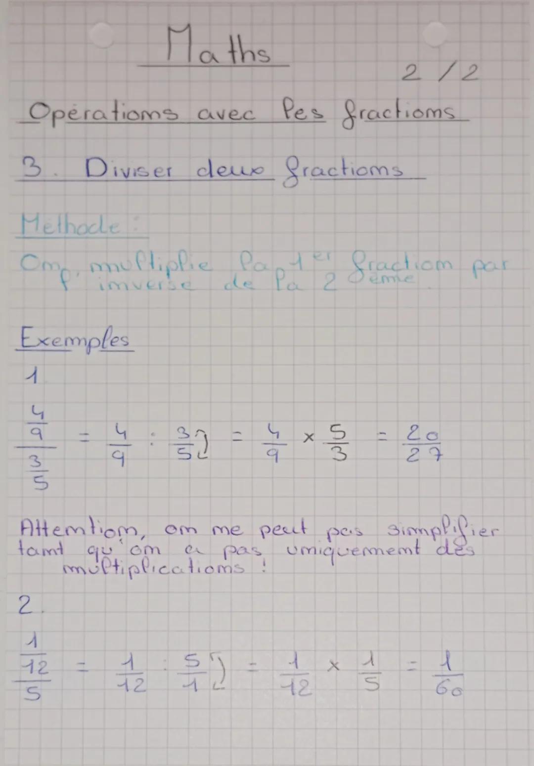 Maths
1/2
Operations avec les fractioms.
1. Additiommer ou soustraire
des fractions
Methode:
om recluit au
meme demormimateur
cm
additiome 0