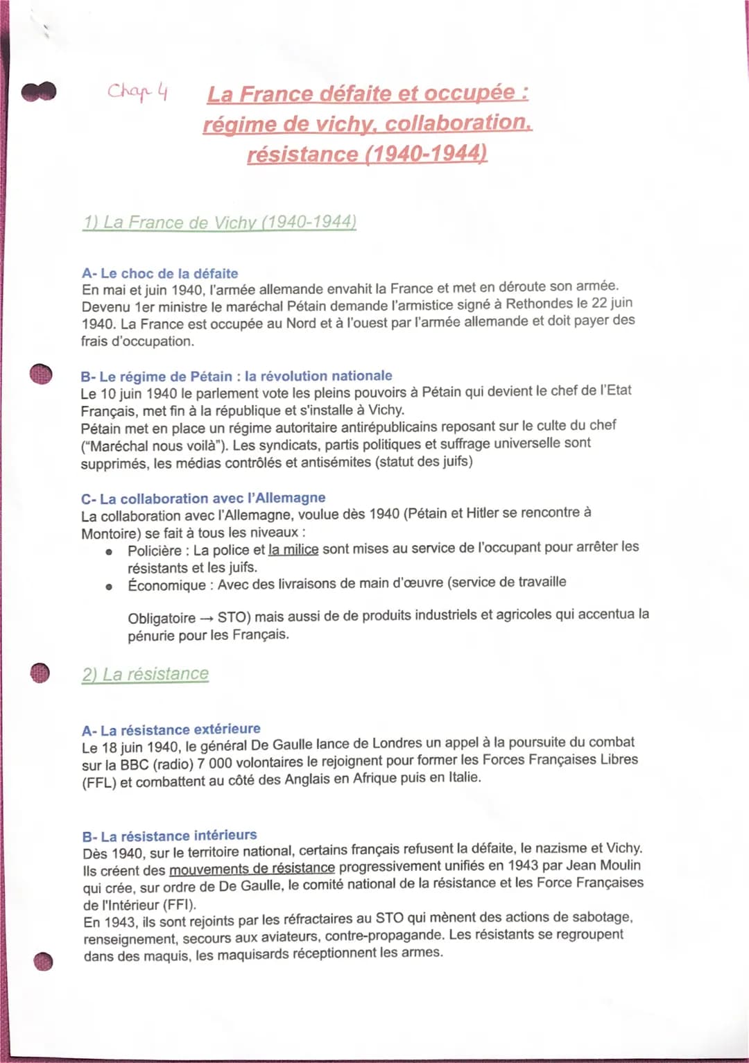 Chap 4
La France défaite et occupée :
régime de vichy, collaboration.
résistance (1940-1944)
1) La France de Vichy (1940-1944)
A- Le choc de
