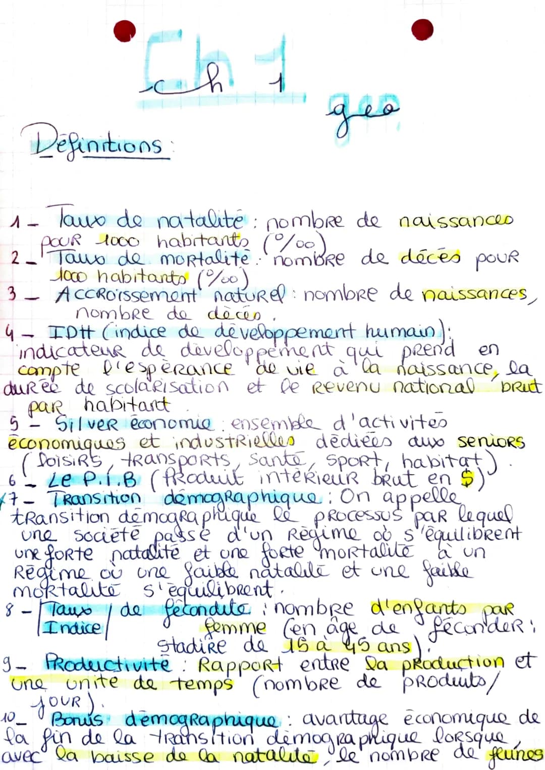 Chi
для
1
Definitions
1- Taux de natalité : nombre de naissances
POUR 1000 habitants (0/0)
2- Taux de mortalite: nombre de décès pour
loco h