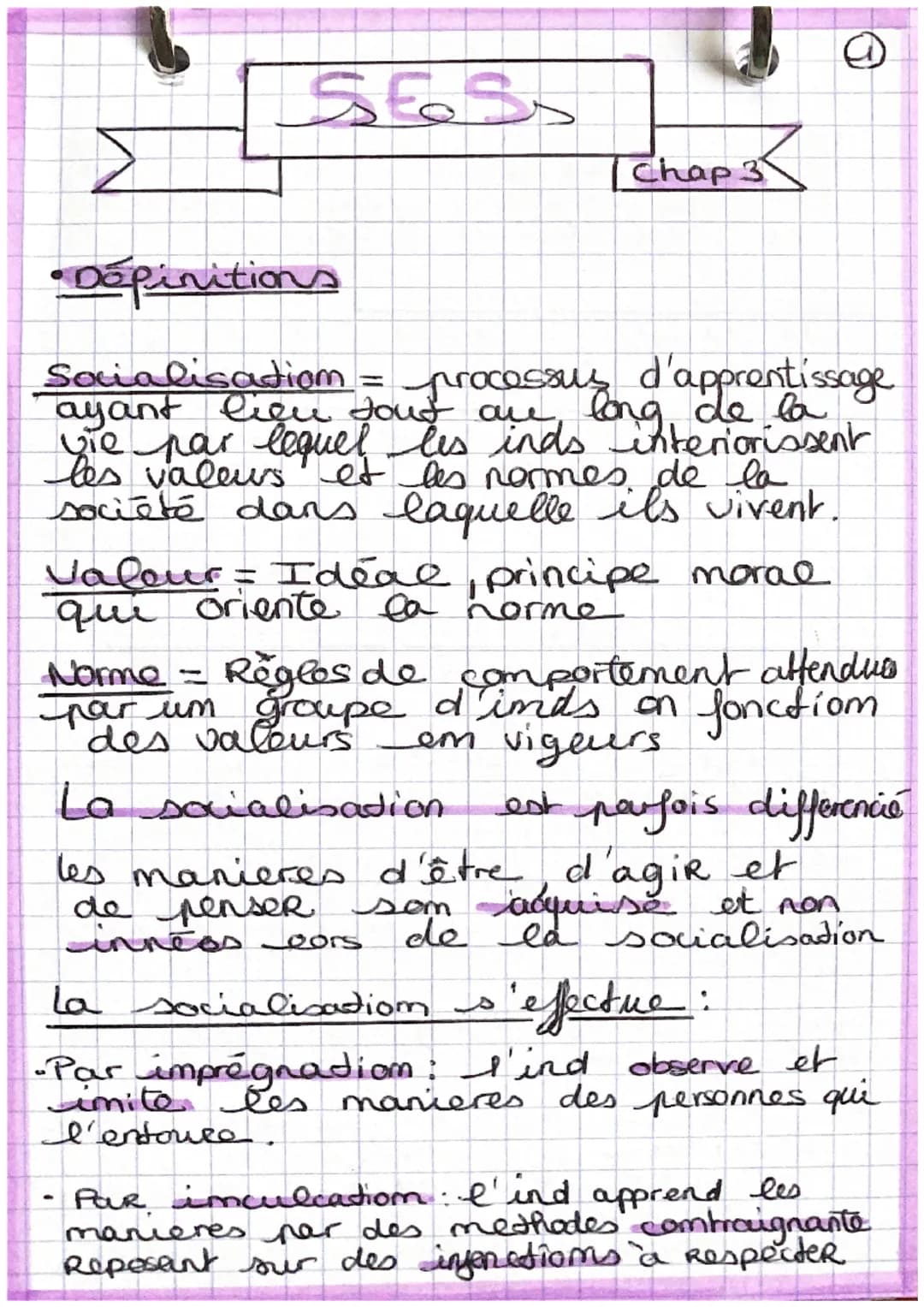 568
Chap 3
• Définitions
Socialisation = processus d'apprentissage
ayant lieu tout are long de la
bie par lequel les inds interiorissent
val