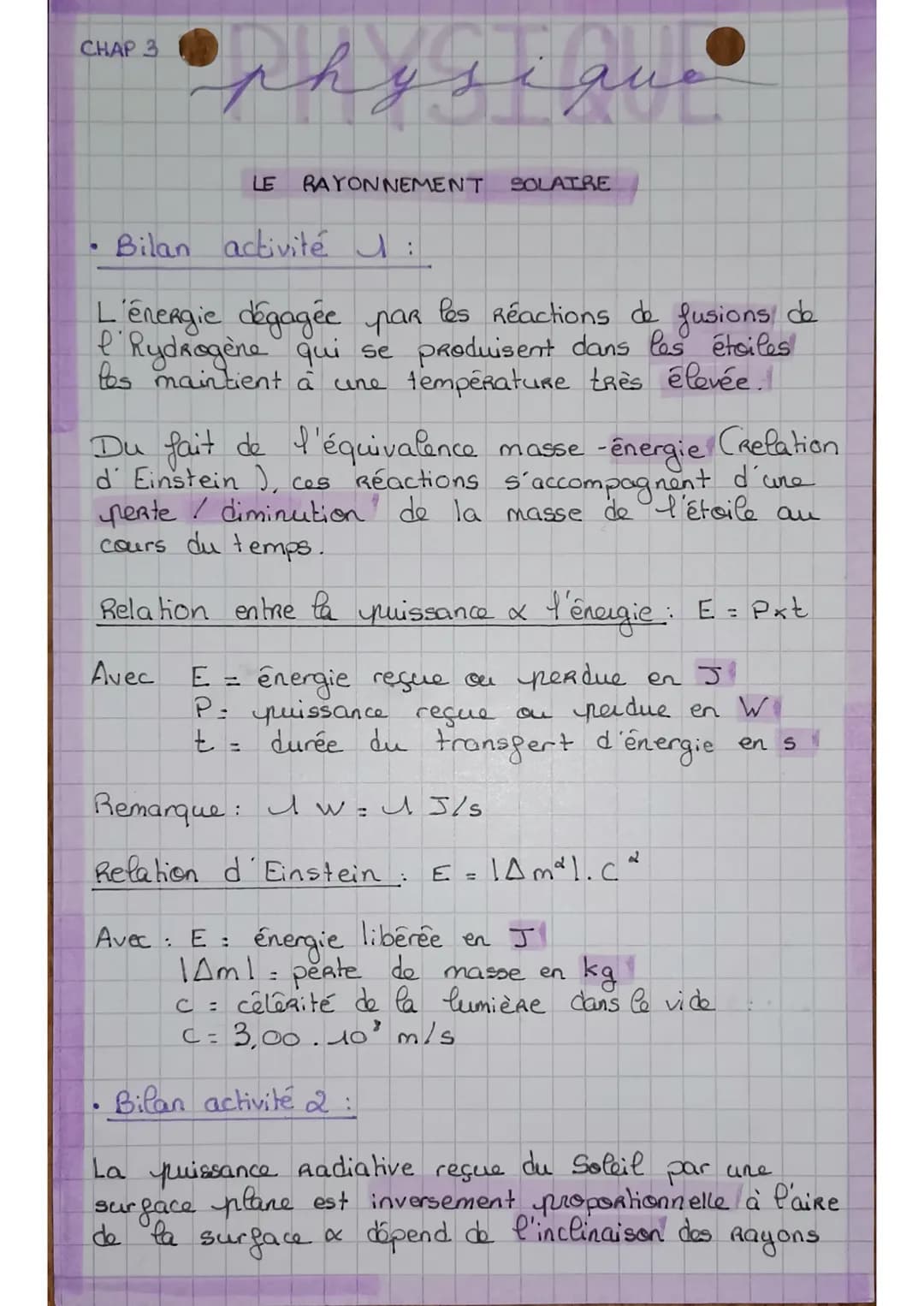 CHAP 3
physique
Bilan activité :
L'énergie dégagée par les Réactions de fusions de
f Rydrogène qui se produisent dans les étoiles
les mainti