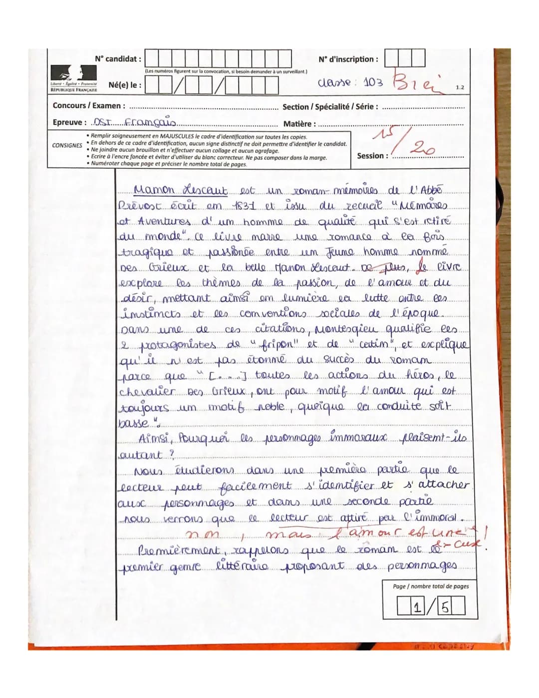 DST Français-
4h
Vous choisirez un des sujets suivants :
- 1ère
1) Dissertation
« J'ai lu ce 6 avril 1734 Manon Lescaut, roman composé par P