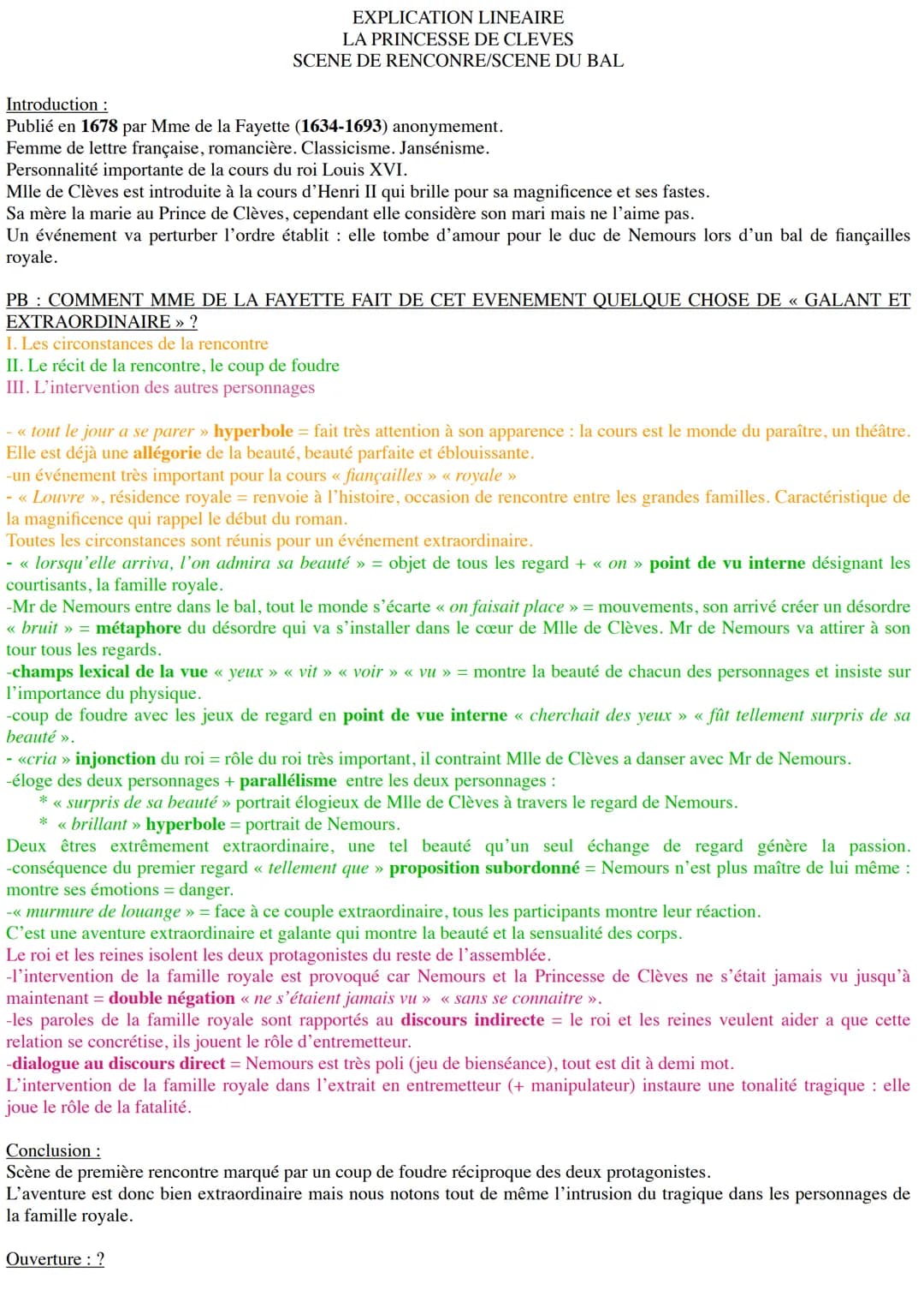 EXPLICATION LINEAIRE
LA PRINCESSE DE CLEVES
SCENE DE RENCONRE/SCENE DU BAL
Introduction :
Publié en 1678 par Mme de la Fayette (1634-1693) a