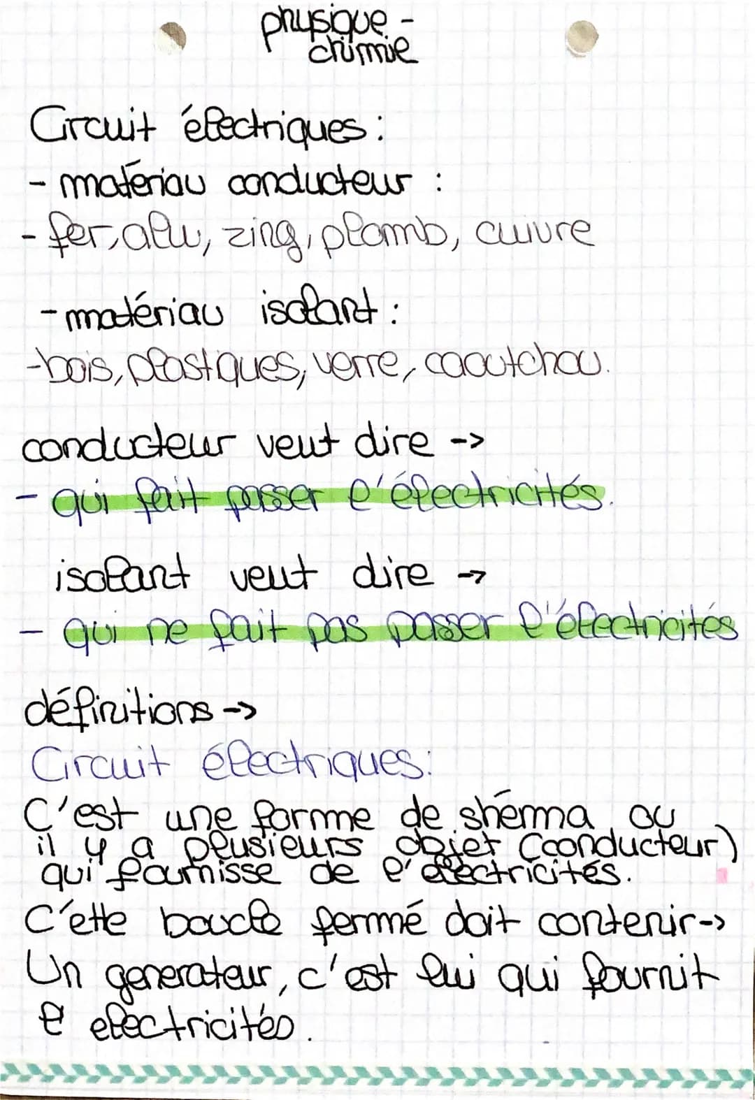 physique.
chimie
Grcuit électriques:
- materiau conducteur :
- fer, alu, zing, plomb, cuiure
- matériau isolant:
-bois, plastiques, verre, c