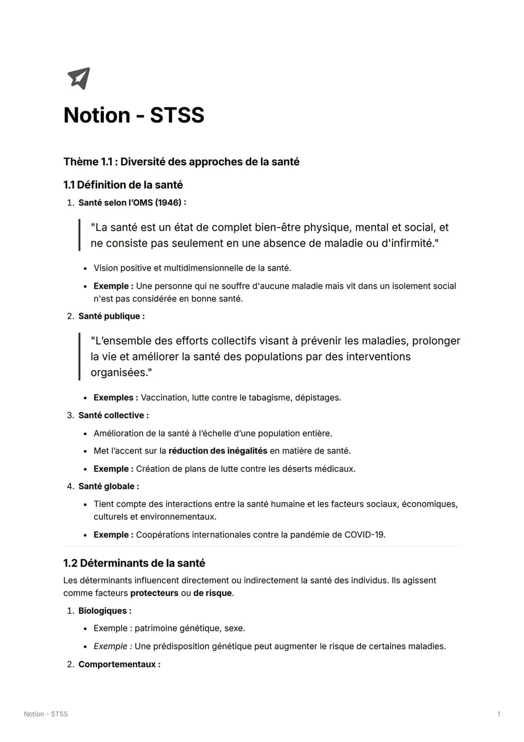 Notion - STSS
Thème 1.1: Diversité des approches de la santé
1.1 Définition de la santé
1. Santé selon l'OMS (1946):
"La santé est un état d