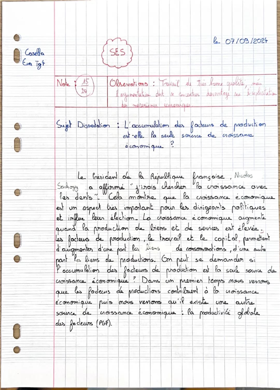 Casella
Eva ig
SES
le 07/09/2024
Note : 15
20
Observations : Travail de très bonne qualité, mais
l'argumentation doit se concentrer davantag