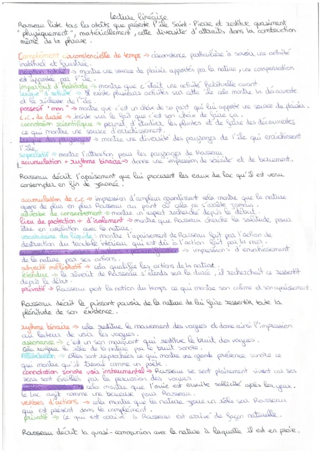 lecture linéaire
Rousseau liste tous les atcîts que présente l'ile Saint-Pierre et restitue quasiment
physiquement", matériellement, cette d