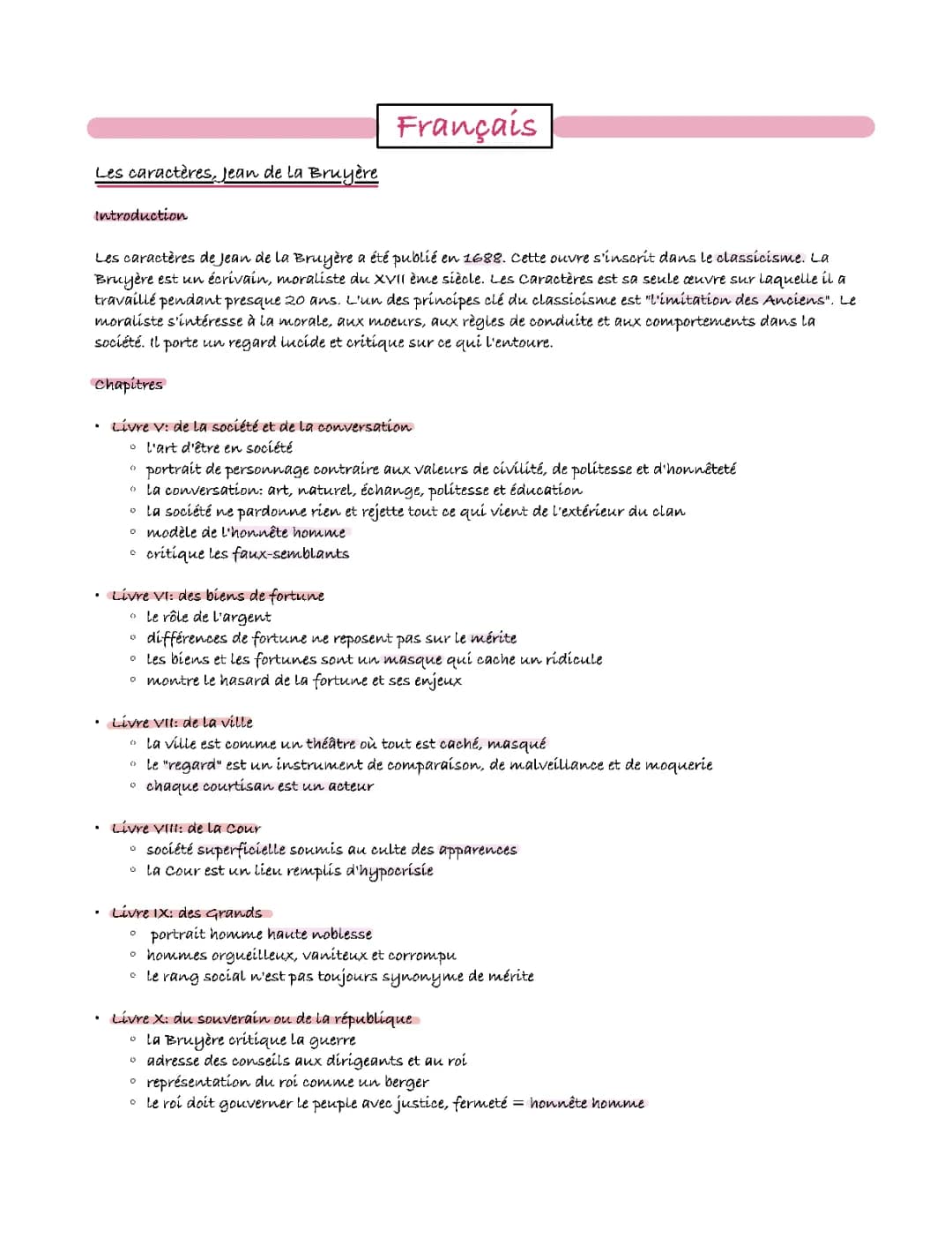 Les Caractères La Bruyère: Résumé et Analyse Livre 5 à 10