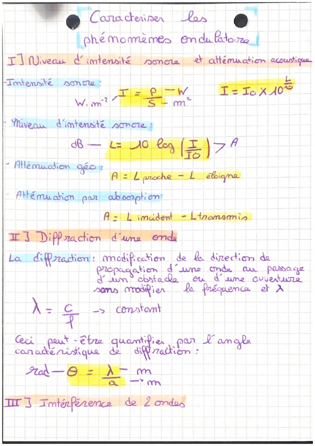 Caracteriser les
phénomènes ondulatoire
I] Niveau d'intensité
-Intensité sonore.
W.m-²
sonore
I=P-W
S
Miveau d'intensité sonore.
- Atlémuati