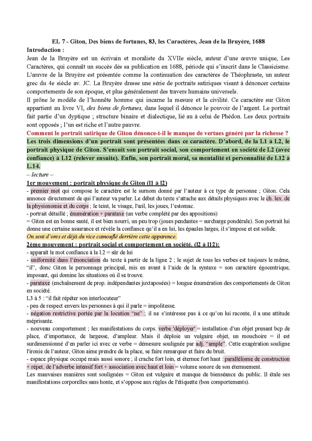 Giton et Phédon Analyse Linéaire - Texte PDF et Livre Des biens de fortune La Bruyère