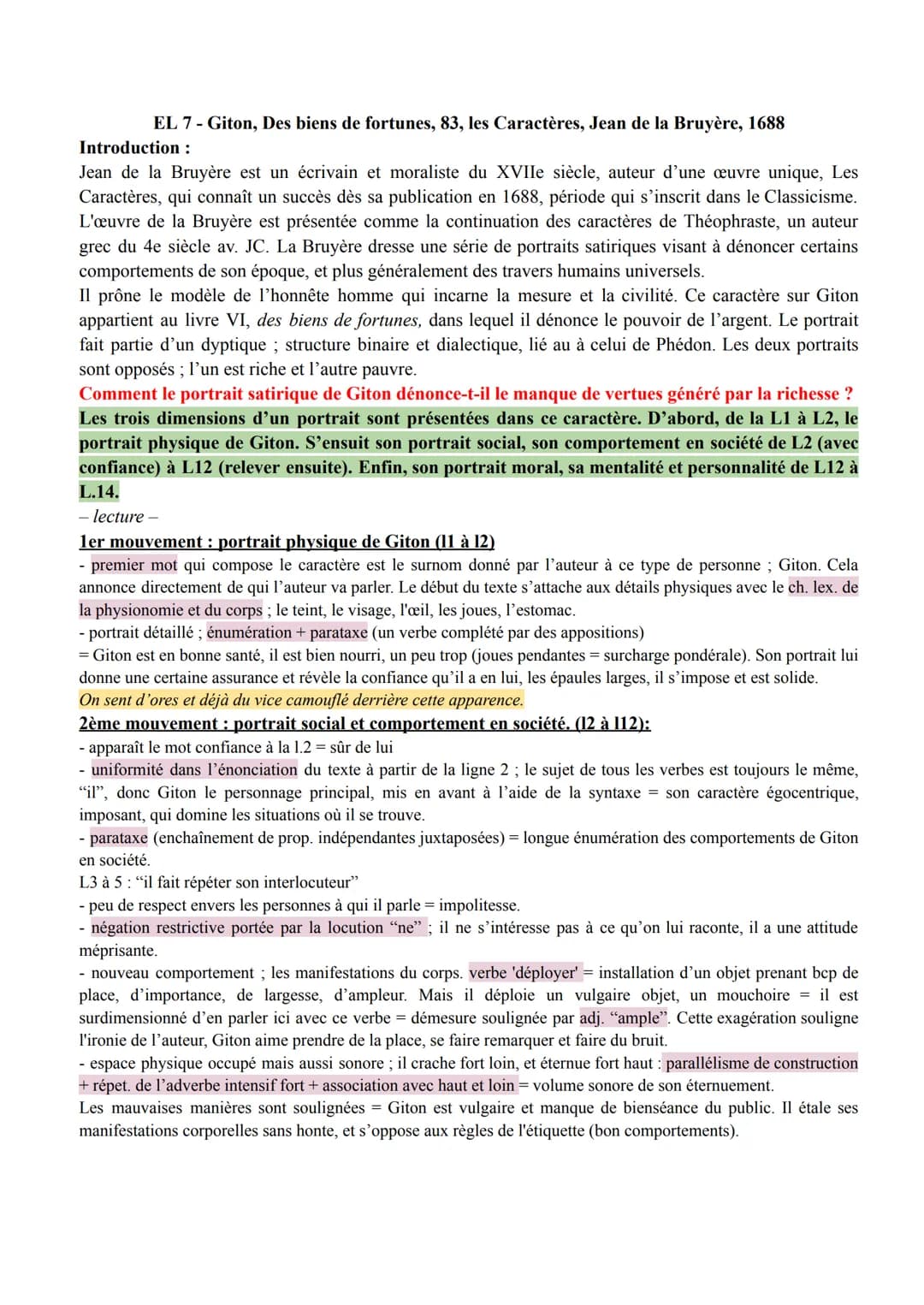 EL 7- Giton, Des biens de fortunes, 83, les Caractères, Jean de la Bruyère, 1688
Introduction :
Jean de la Bruyère est un écrivain et morali