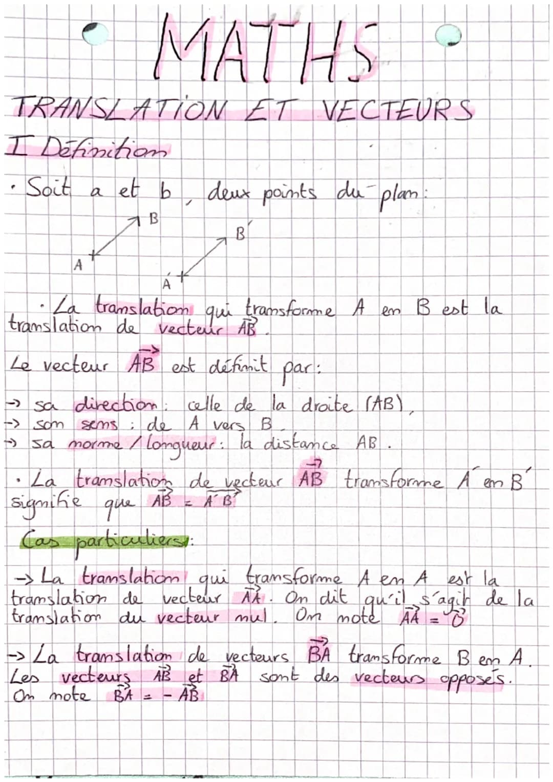 ΜΑΤΗΣ -
TRANSLATION ET VECTEURS
I Definition
Soit a et b
B
"
deux points du plan :
B
A
• La translation qui transforme A en B est la
transla