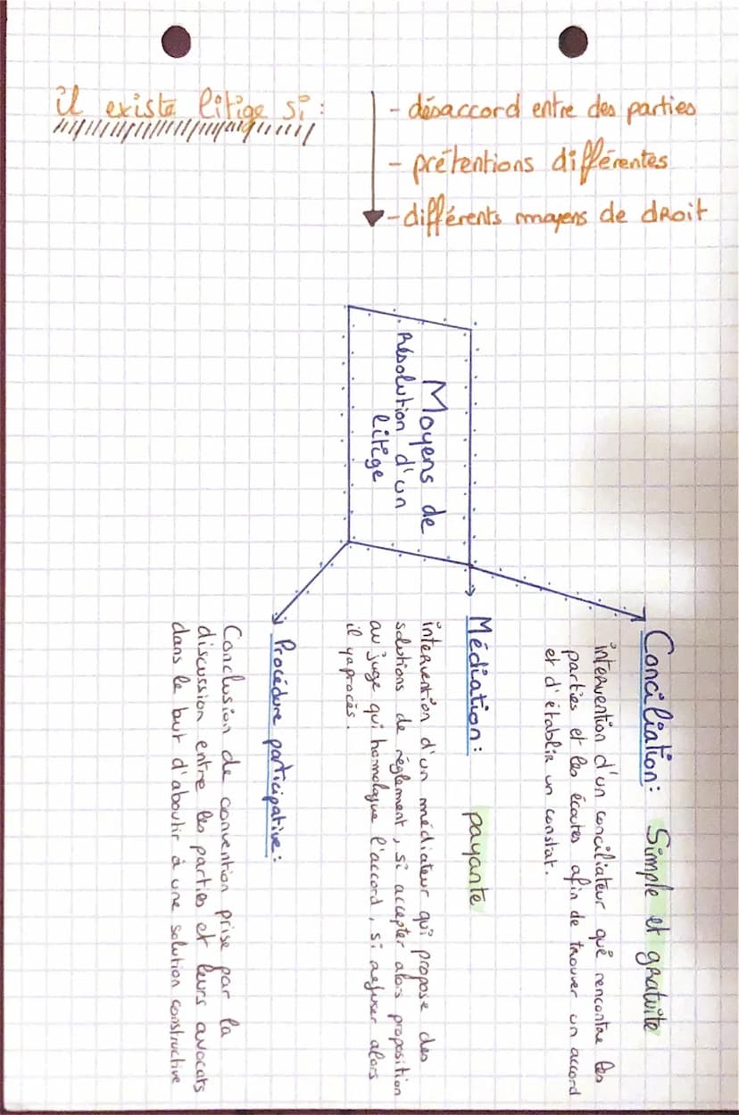 Droit
Le litige
Un litige c'est un
conflit entre & ou + personnes
(moral a physique) qui n'a pas pu être résolve à l'armi able
donc un recou