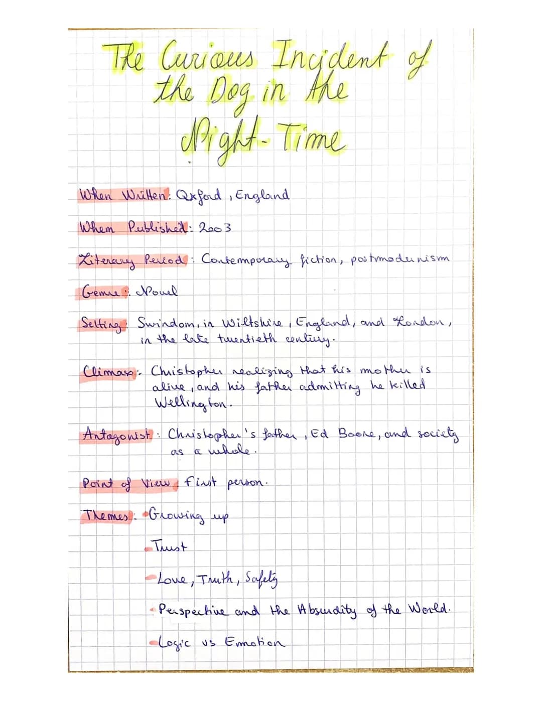 The Curious Incident of
the Dog in the
Night-Time
When Written: Qxford, England.
Whem Published: 2003.
Literary Period: Contemporary fiction