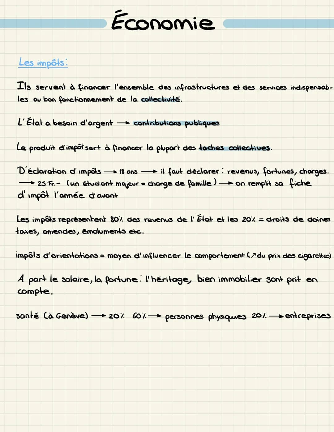Économie
Les impôts
Ils servent à financer l'ensemble des infrastructures et des services indispensab-
les au bon fonctionnement de la colle