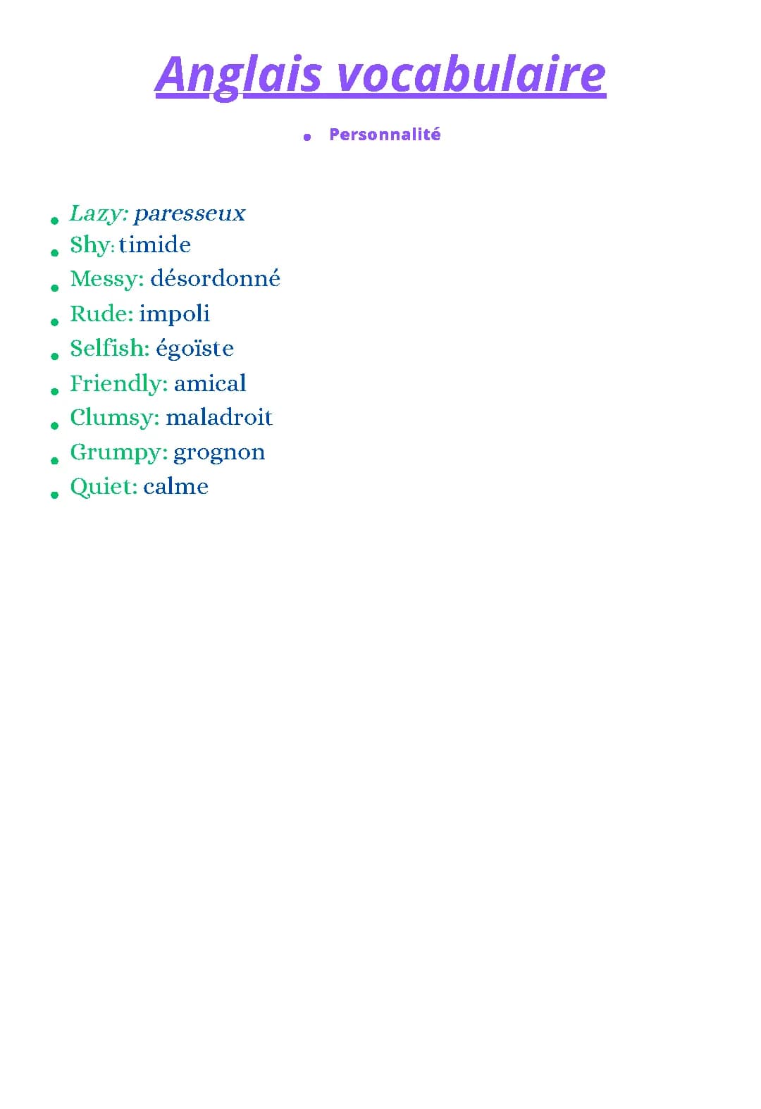 Vocabulaire anglais Personnalité 