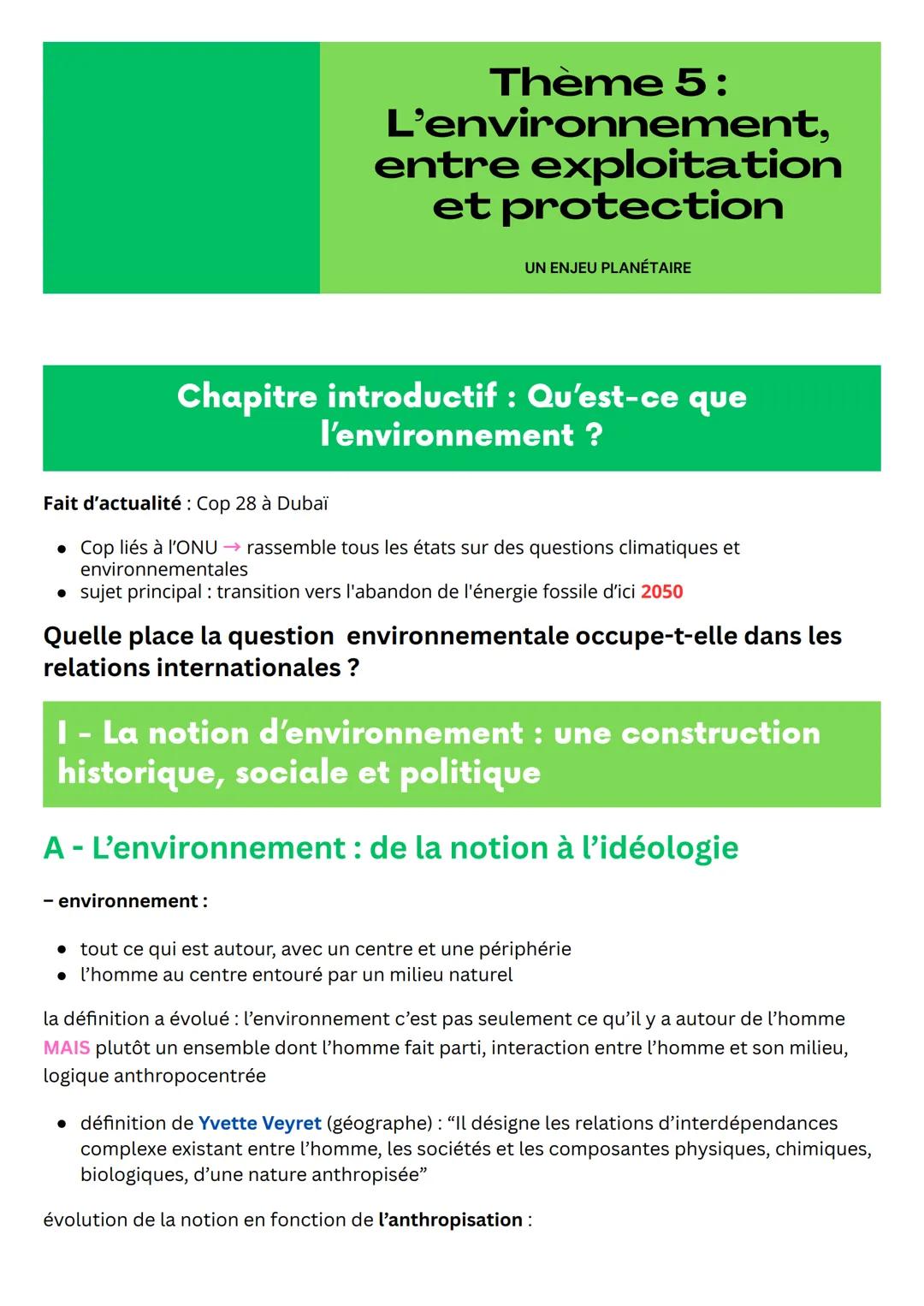 Thème 5:
L'environnement,
entre exploitation
et protection
UN ENJEU PLANÉTAIRE
Chapitre introductif : Qu'est-ce que
l'environnement ?
Fait d