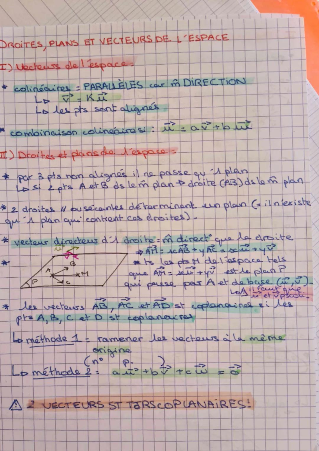 DROITES PLANS ET VECTEURS DE L'ESPACE
I) Vecteurs de 1 espace.
PARALLELES
* colinéaires =
LD V² - Ku
Lo les pts sont alignés
combinaison col