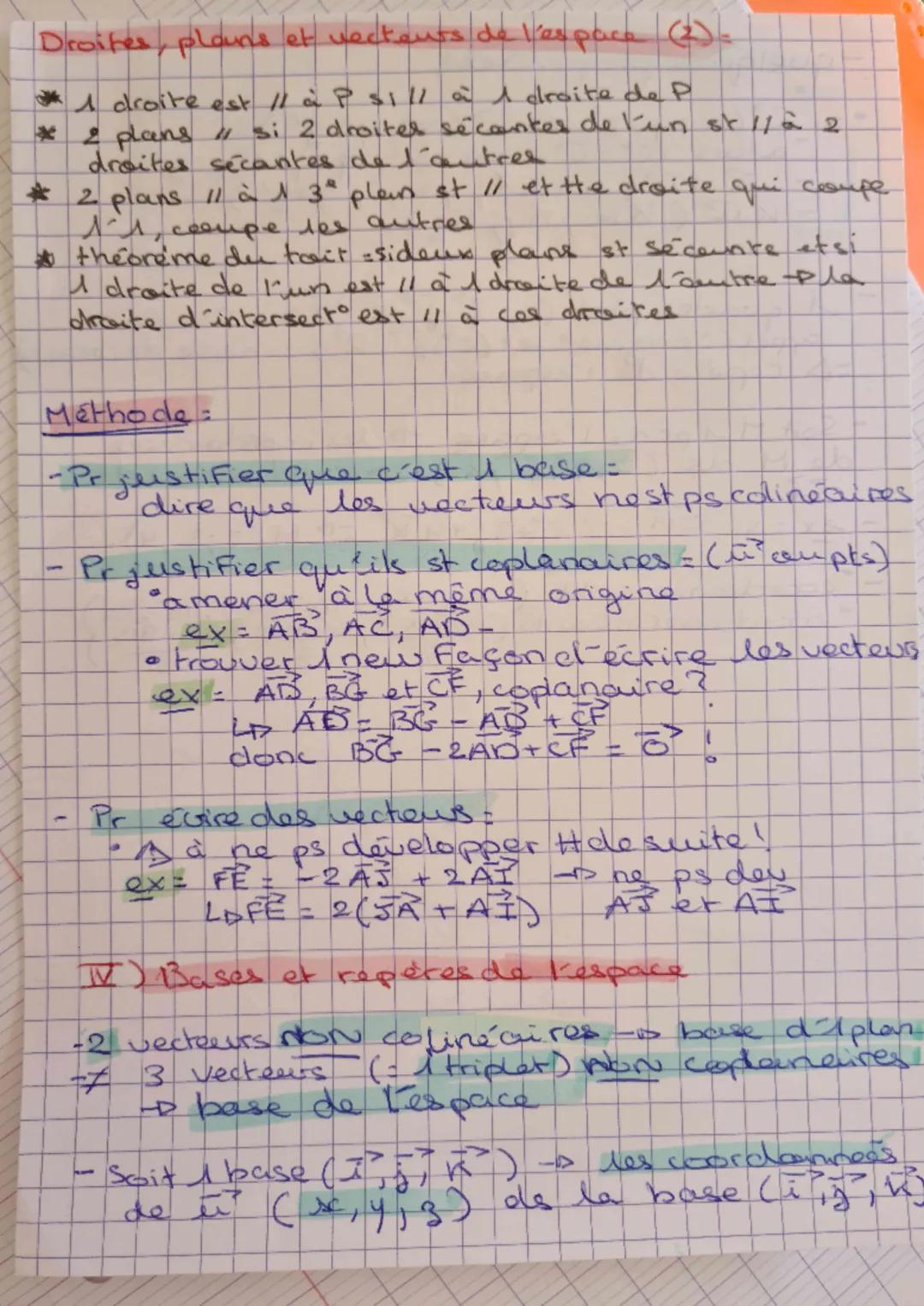 DROITES PLANS ET VECTEURS DE L'ESPACE
I) Vecteurs de 1 espace.
PARALLELES
* colinéaires =
LD V² - Ku
Lo les pts sont alignés
combinaison col