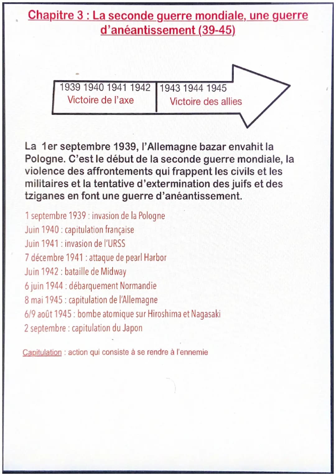 Chapitre 3 : La seconde guerre mondiale, une guerre
d'anéantissement (39-45)
1939 1940 1941 1942 1943 1944 1945
Victoire de l'axe
Victoire d