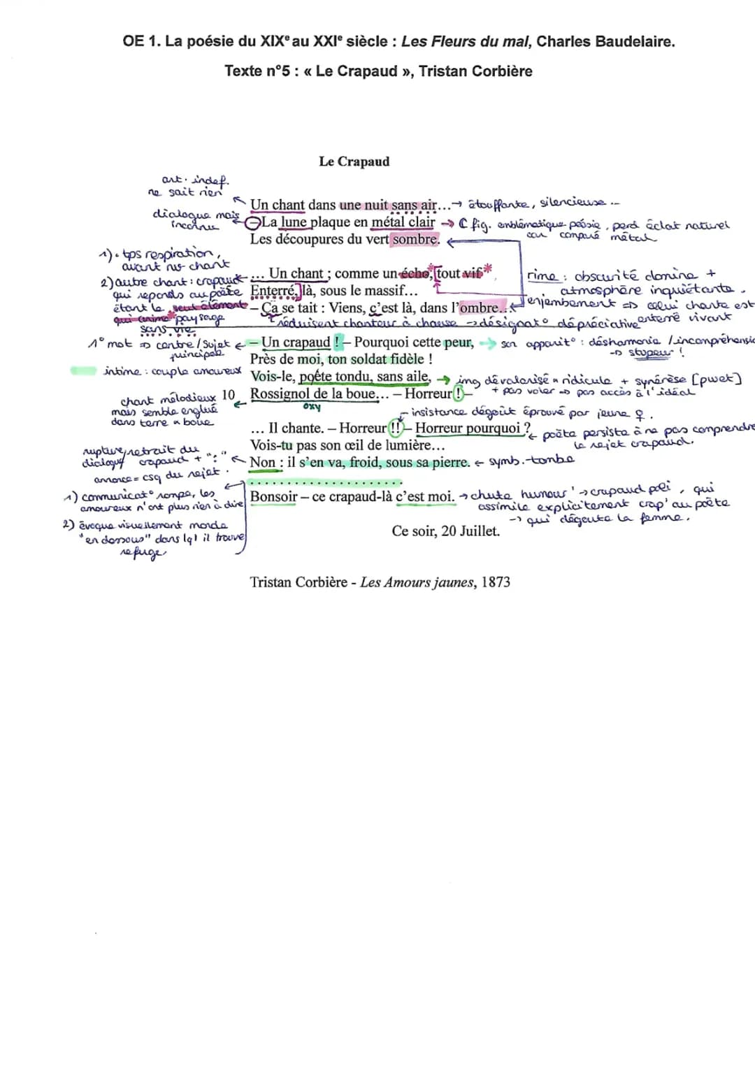 Le Crapaud de Tristan Corbière - Analyse linéaire et Résumé PDF