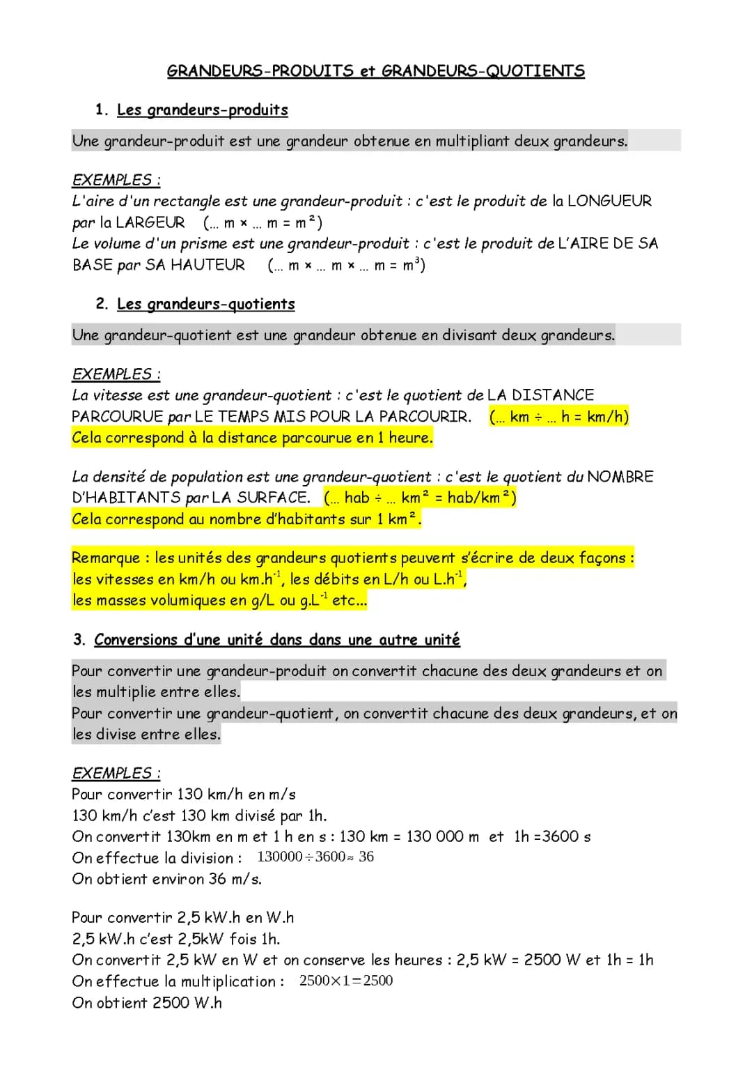 grandeurs produits et grandeurs quotients