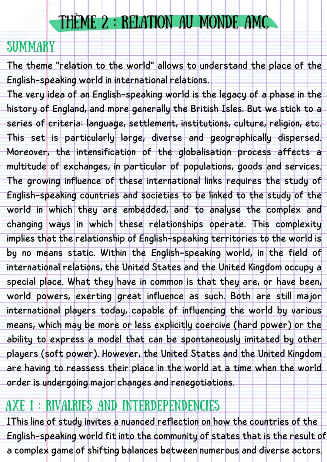 THÈME 2: RELATION AU MONDE AMC
SUMMARY
The theme "relation to the world" allows to understand the place of the
English-speaking world in int