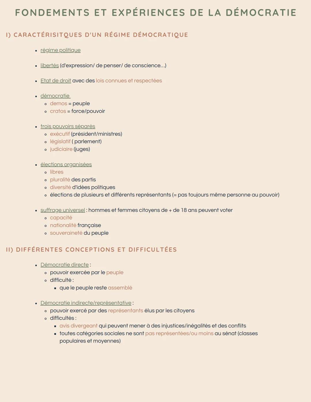 FONDEMENTS ET EXPÉRIENCES DE LA DÉMOCRATIE
I) CARACTÉRISITQUES D'UN RÉGIME DÉMOCRATIQUE
• régime politique
libertés (d'expression/ de penser