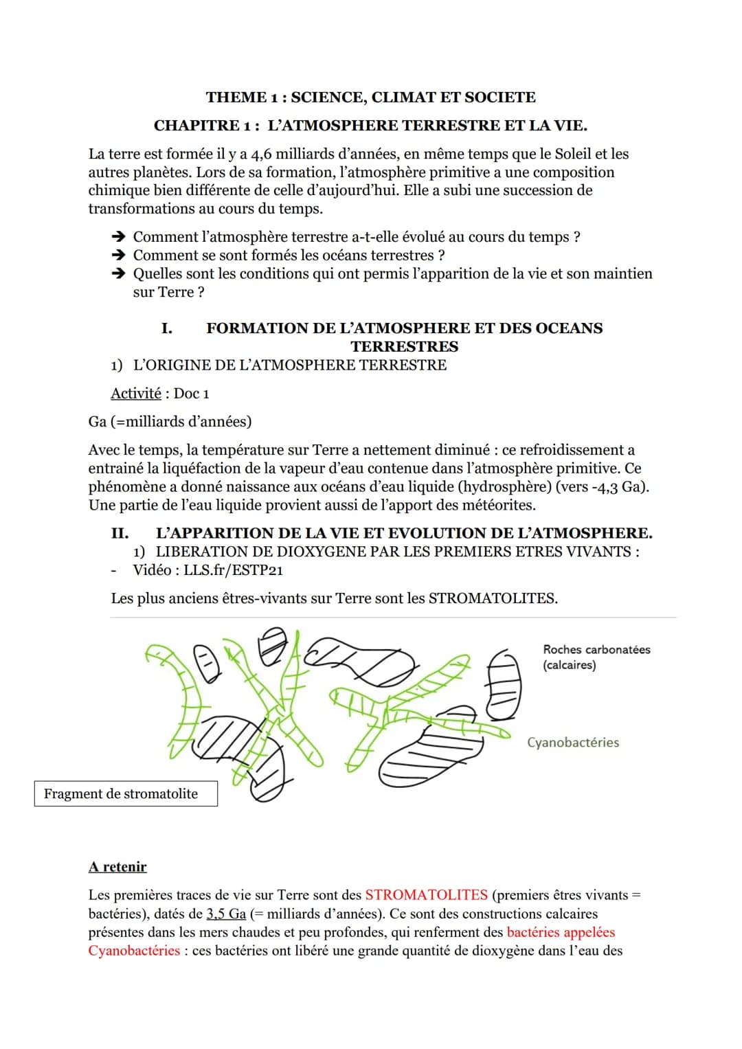 THEME 1: SCIENCE, CLIMAT ET SOCIETE
CHAPITRE 1: L'ATMOSPHERE TERRESTRE ET LA VIE.
La terre est formée il y a 4,6 milliards d'années, en même