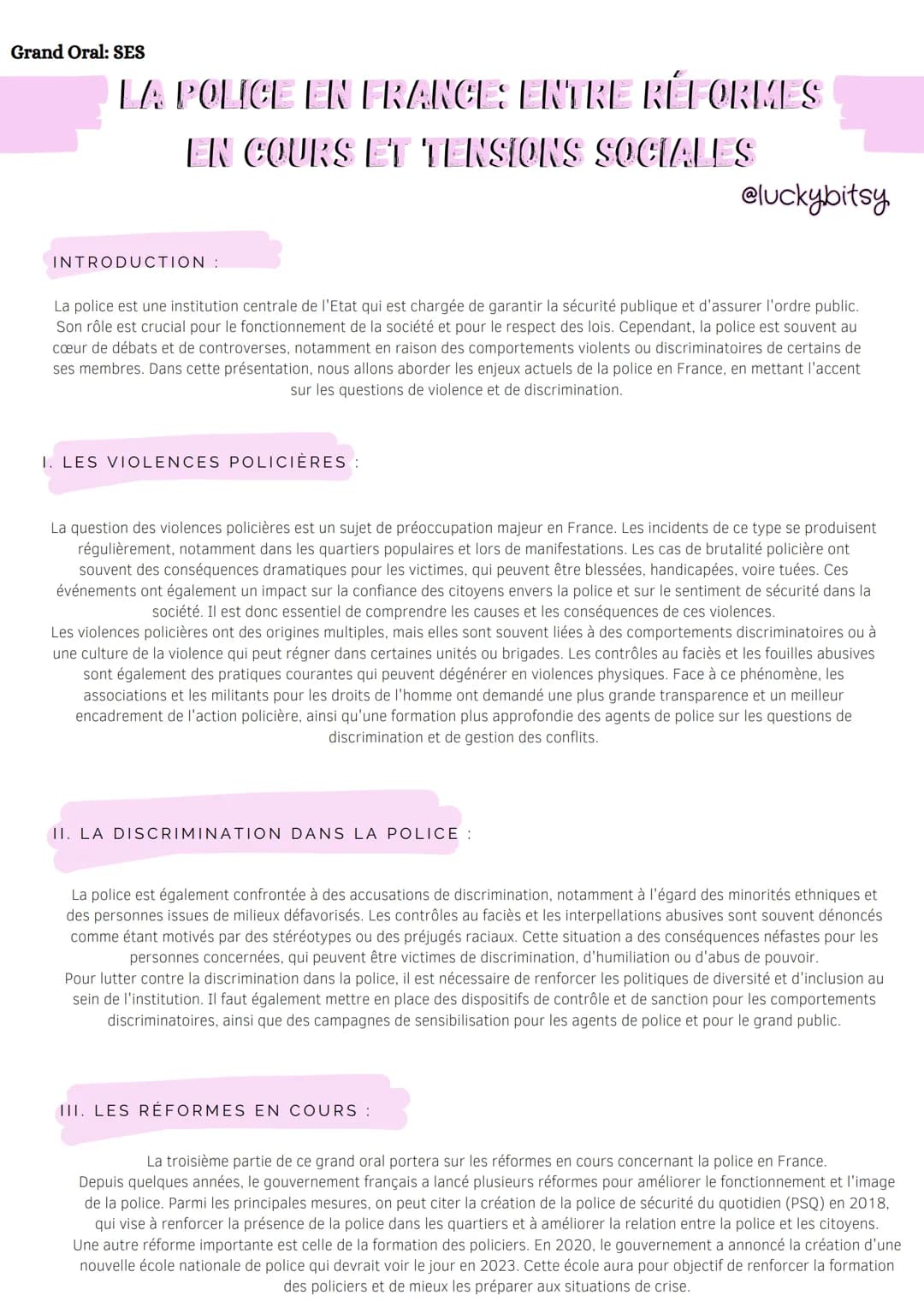 Grand Oral: SES
LA POLICE EN FRANCES ENTRE RÉFORMES
EN COURS ET TENSIONS SOCIALES
INTRODUCTION :
La police est une institution centrale de l