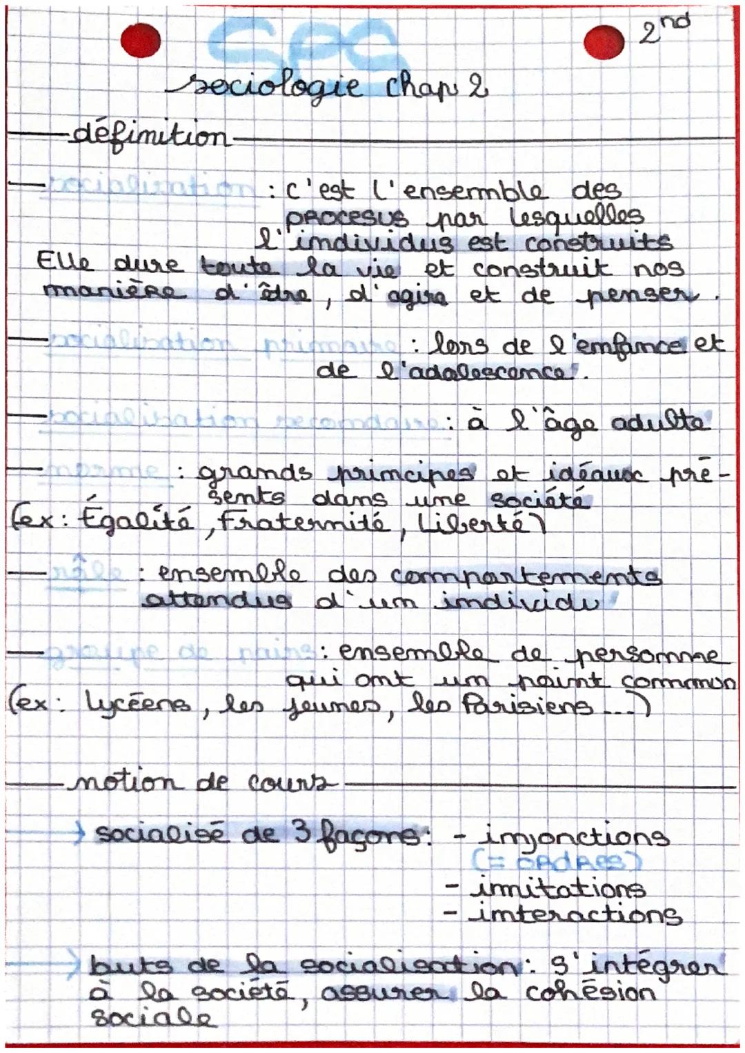 2nd

sociologie chap 2

-définition-

socializatio: c'est l'ensemble des
 procesus par lesquelles
 l'individus est construits
Elle dure tout