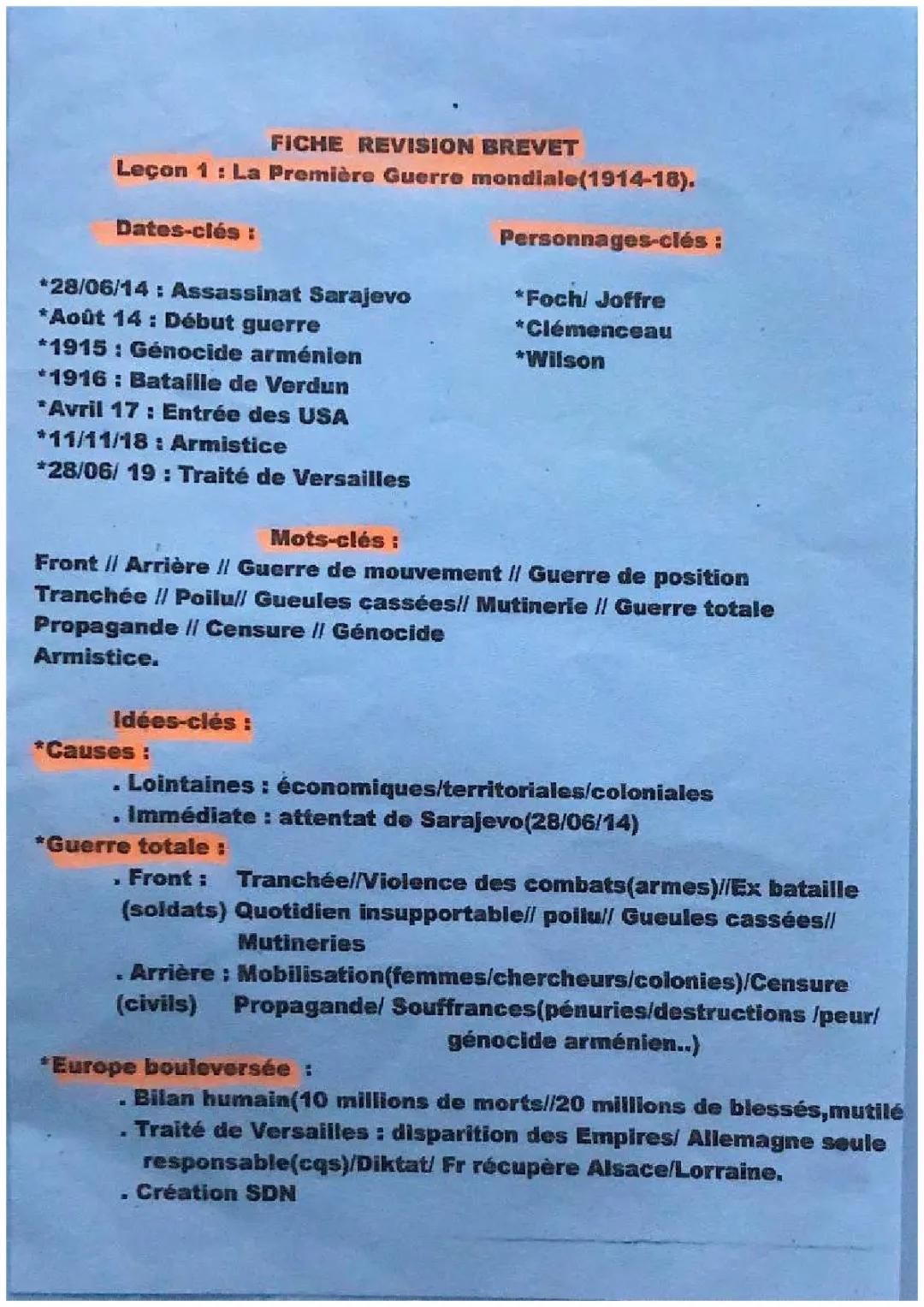  Fiche révision première guerre mondiale