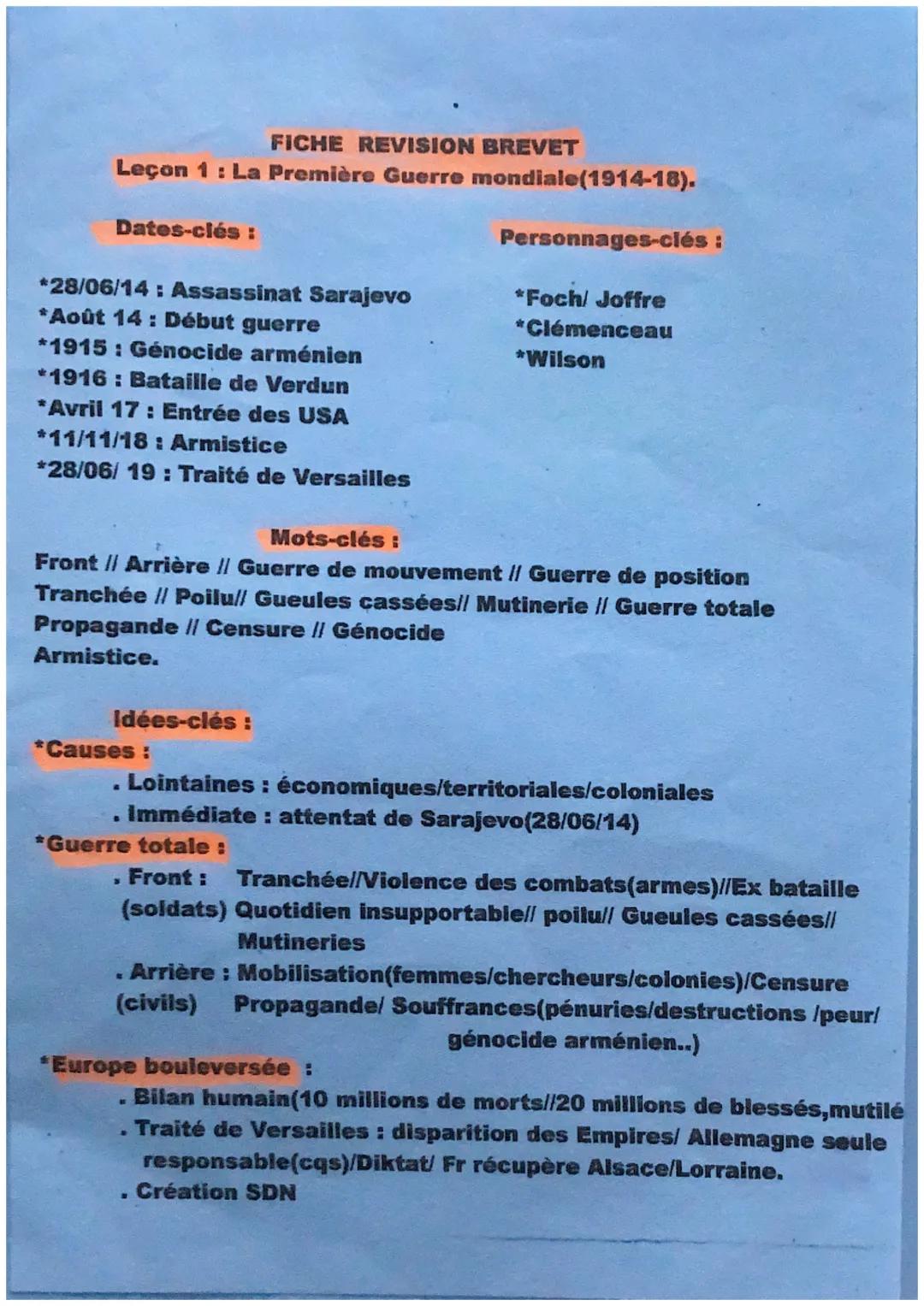 FICHE REVISION BREVET
Leçon 1 : La Première Guerre mondiale(1914-18).
Dates-clés :
*28/06/14: Assassinat Sarajevo
*Août 14: Début guerre
*19