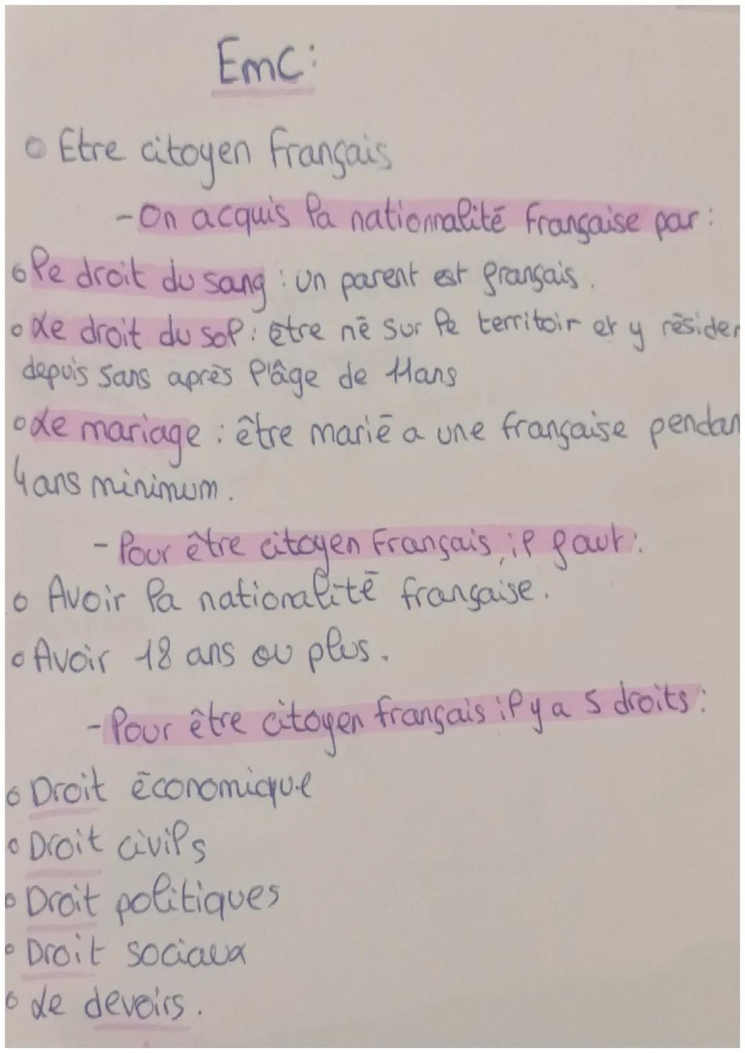 ## Emc:

• Etre citoyen français

-On acquis Pa nationnalité Française par:

o Pe droit du sang : un parent est français.

• de droit du sop