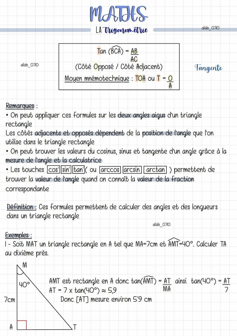 côté opposé à
ACB
La figure clé est le triangle rectangle (condition d'utilisation des formules).
Figures
B
A
MATHS
LA Trigonometrie
↑
Côté 