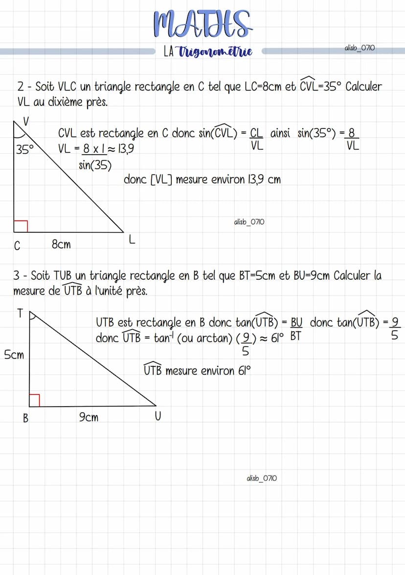 côté opposé à
ACB
La figure clé est le triangle rectangle (condition d'utilisation des formules).
Figures
B
A
MATHS
LA Trigonometrie
↑
Côté 