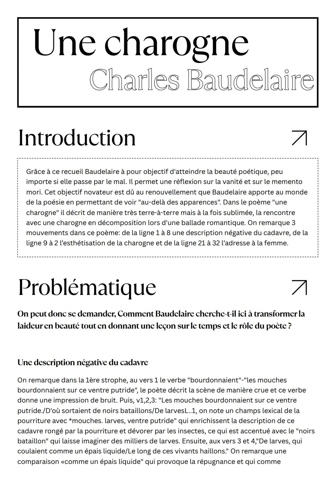 Une charogne
Charles Baudelaire
Introduction
Grâce à ce recueil Baudelaire à pour objectif d'atteindre la beauté poétique, peu
importe si el