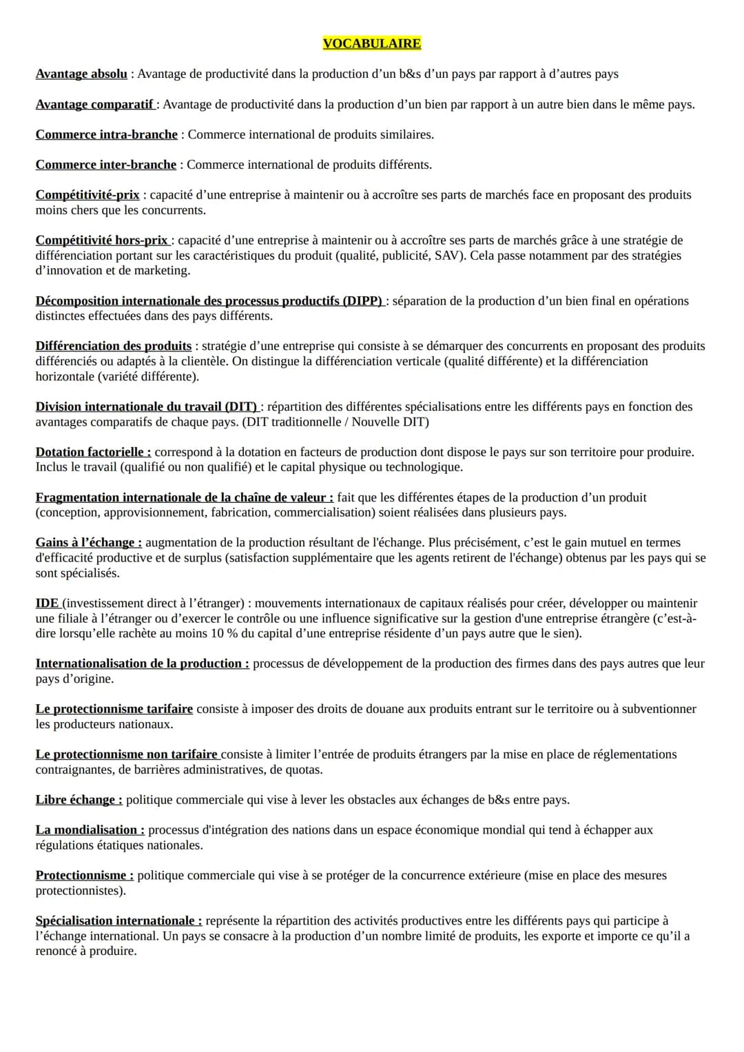 QUELS SONT LES FONDEMENTS DU COMMERCE INTERNATIONAL ET DE
L'INTERNATIONALISATION DE LA PRODUCTION ?
I. Quels sont les déterminants des échan